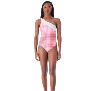 Member's Mark Size XL Gingham Print Asymmetric One-Piece Swimsuit Pink White